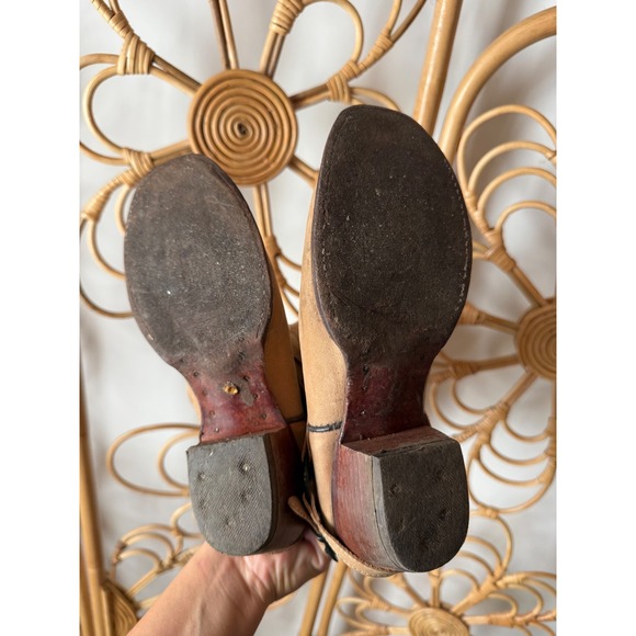 Womens Tan Leather Harness Cowboy Boots Square Toe Western Stitch Detail - Picture 4 of 4